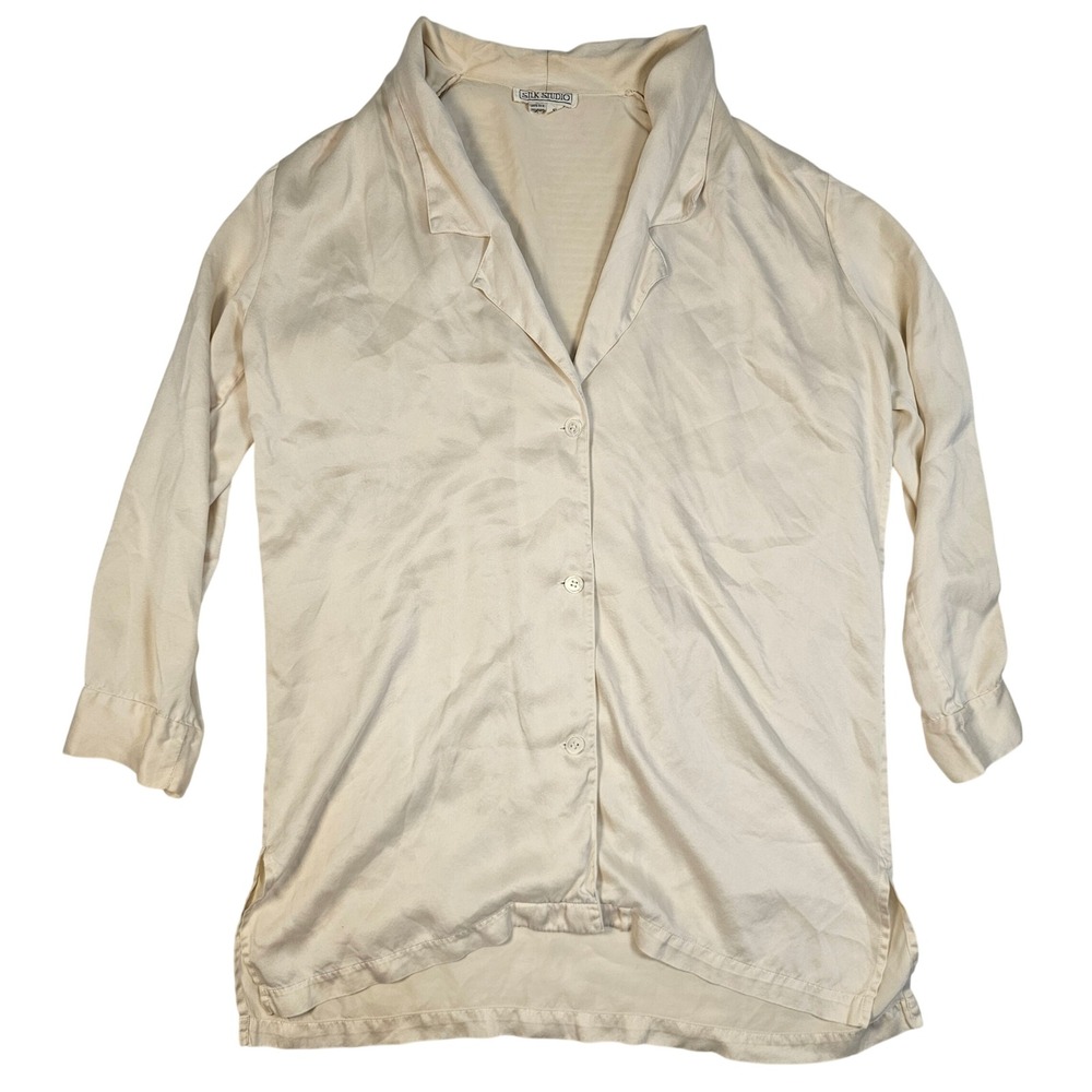 Silk Studio Womens 100% Silk Button Down‎ Blouse Cream Sleeve Small Notch Lapel
